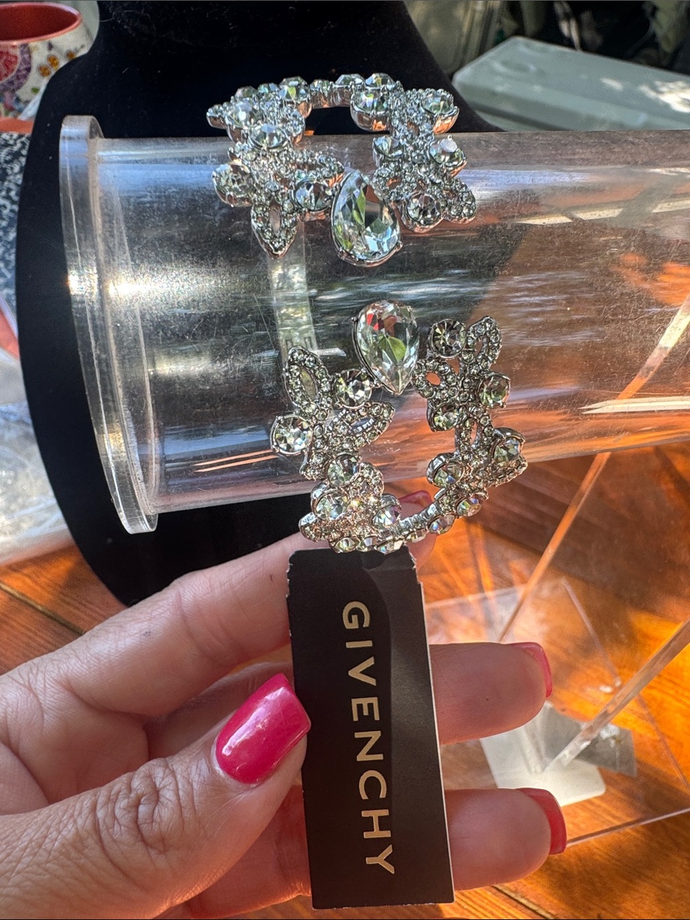 Givenchy Clear Crystal Floral Open Cuff Bracelet